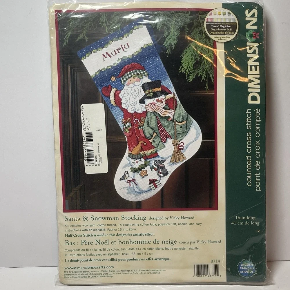 Dimensions SANTA & SNOWMAN STOCKING Counted Cross Stitch Kit #8714 NEW Unused.